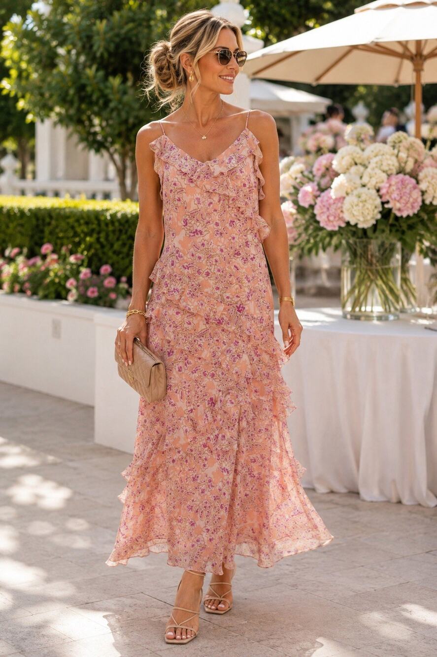 Ann Taylor LOFT Floral Ruffle Strappy Pink Peach Maxi Dress Size 8 NWT